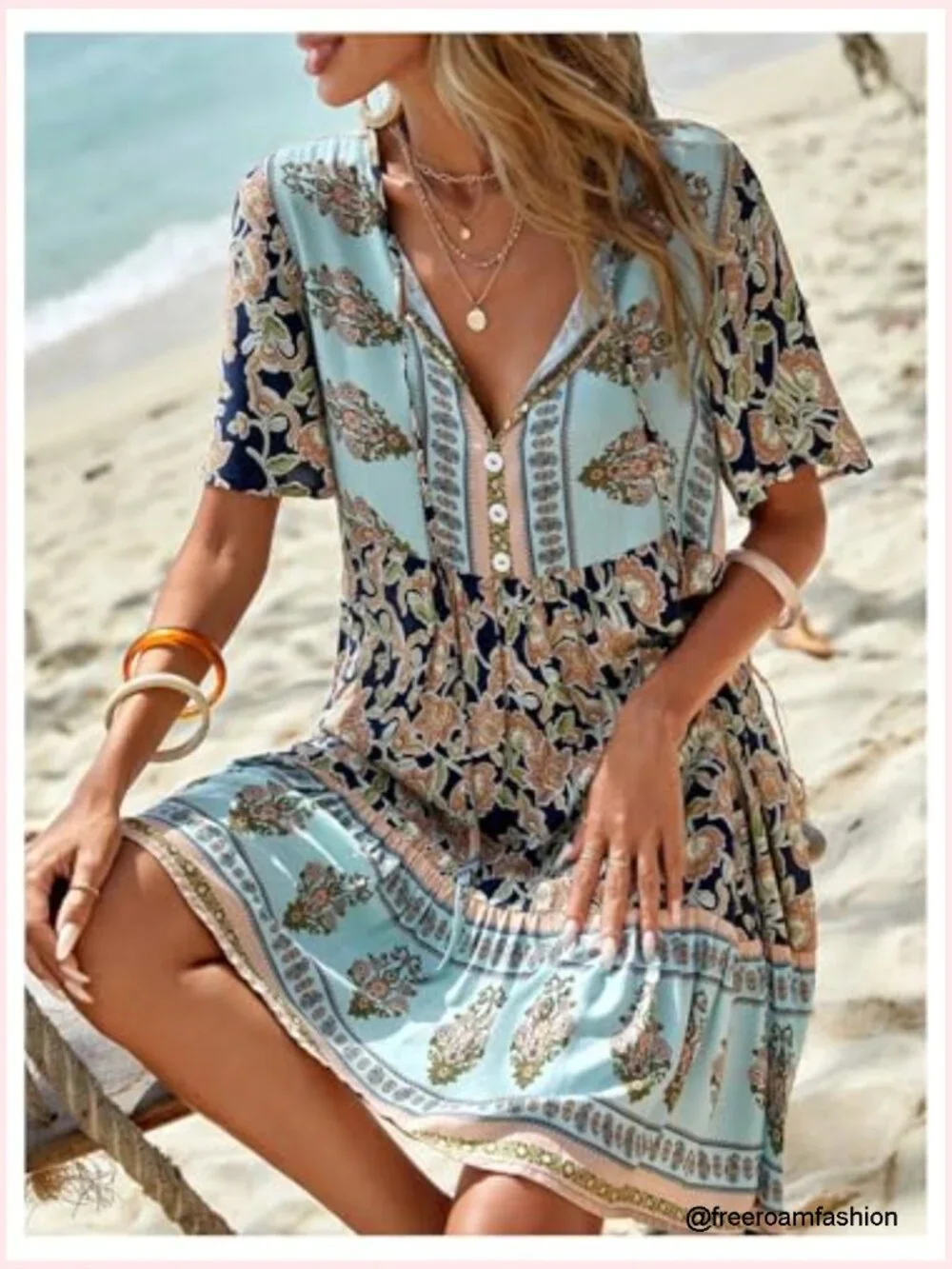 Short Sleeve V Neck Tie Front Babydoll Flowy Ruffle Summer Beach Dress - Picture 5 of 5